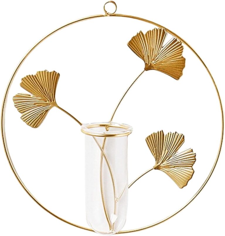 Gold metal wall art with floral design and glass vase, modern home decor accent.