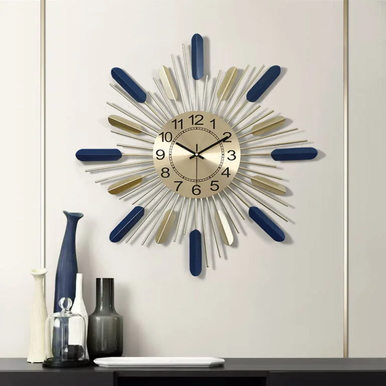 Modern luxury wall clock with blue and gold accents, perfect for home decor.