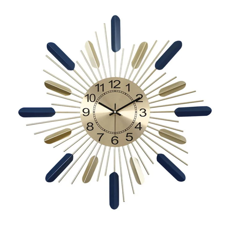 Modern luxury wall clock with gold and blue accents, ideal for home decor.