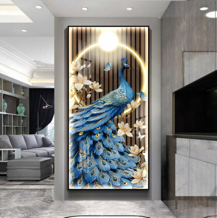 LED Blue Peacock Wall Art Frame With 5D Crystal Diamond 50*100cm Home, Office, Hotel Wall Décor