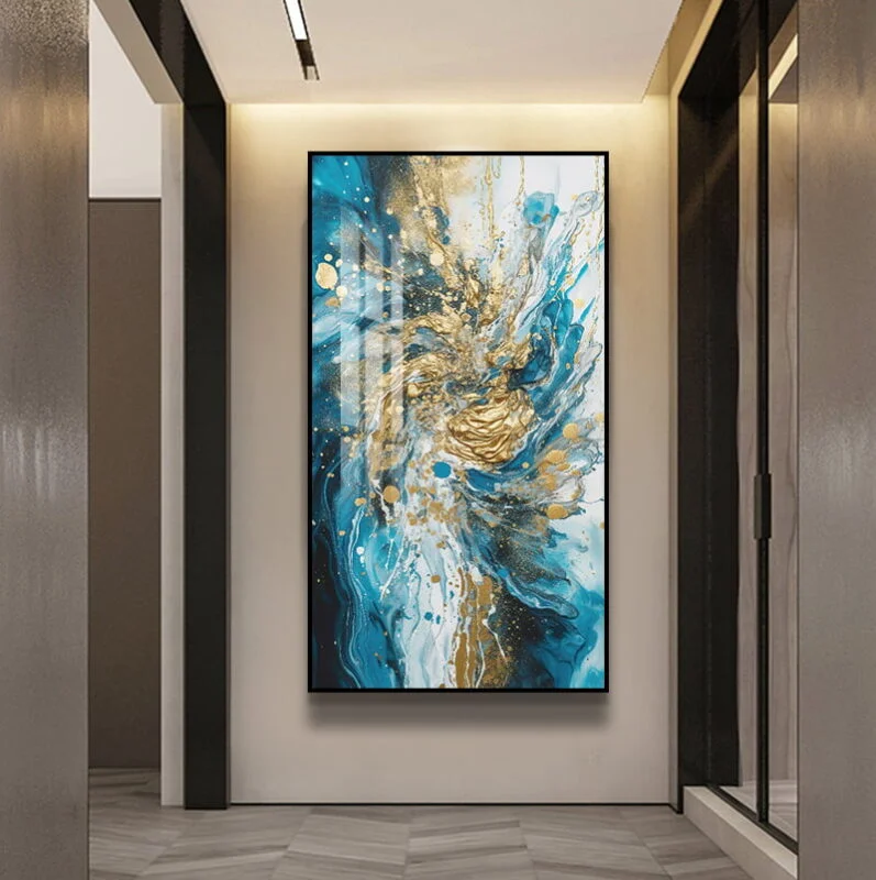 Modern abstract wall art with blue and gold swirls in a hallway setting.