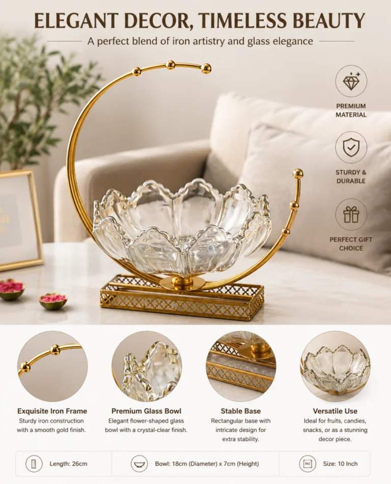 Elegant gold and glass decorative bowl with iron frame, perfect for modern luxury home decor.
