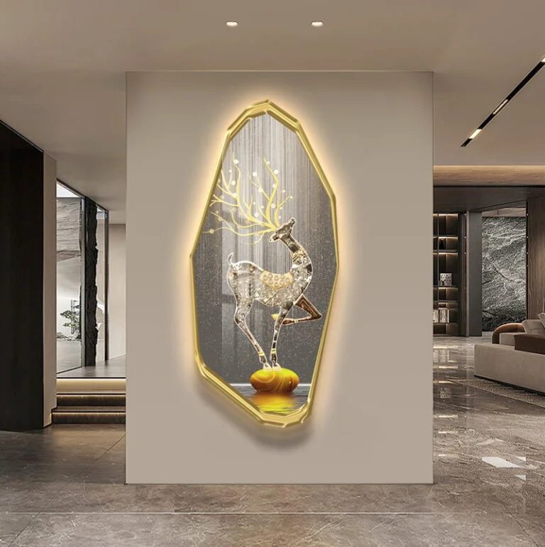 Illuminated wall art with deer design in modern luxury home decor setting.