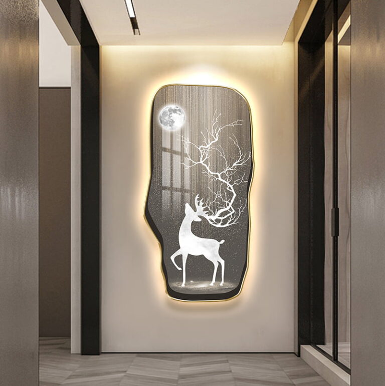 Illuminated wall art with deer and moon design in modern hallway decor.