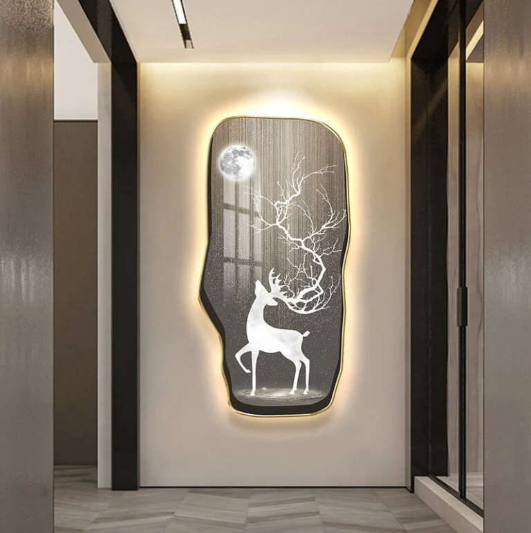 Illuminated wall art with deer and moon design in modern hallway decor.