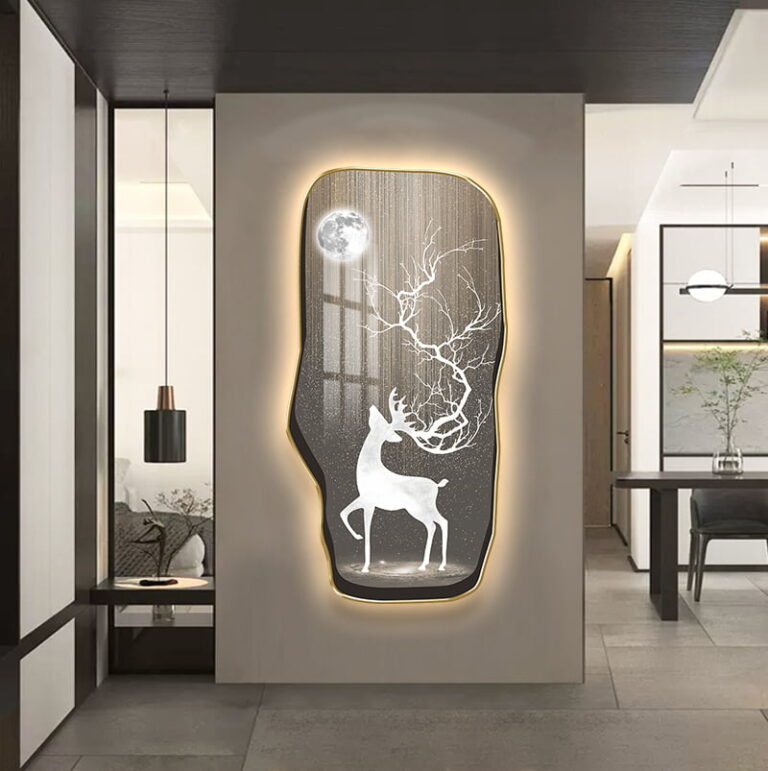 Illuminated wall art featuring a deer and moon design in a modern home setting.
