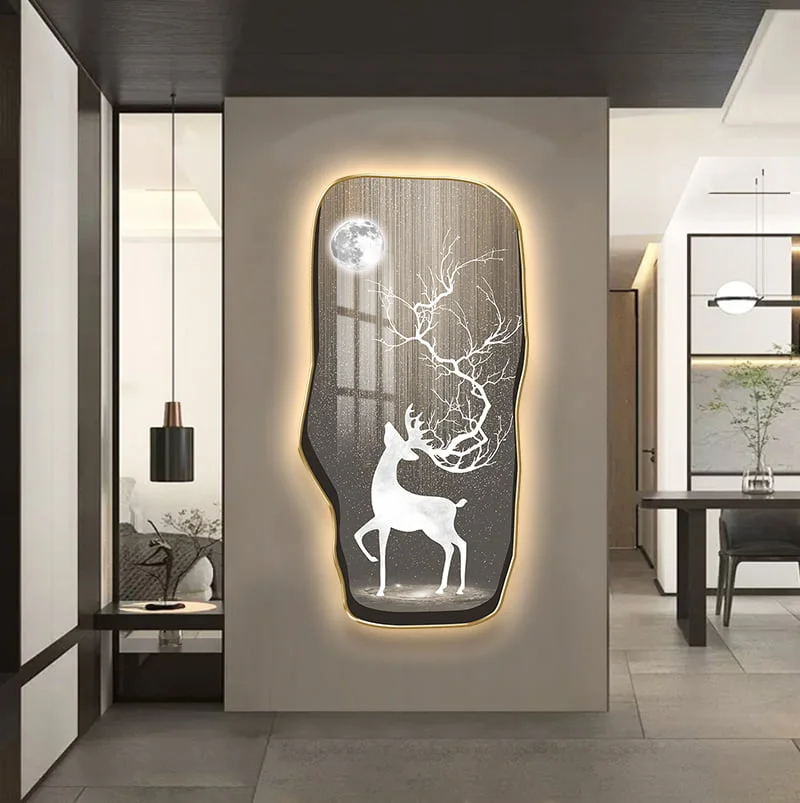 Modern Illuminated Deer Wall Art Illuminated wall art featuring a deer and moon design in a modern home setting.