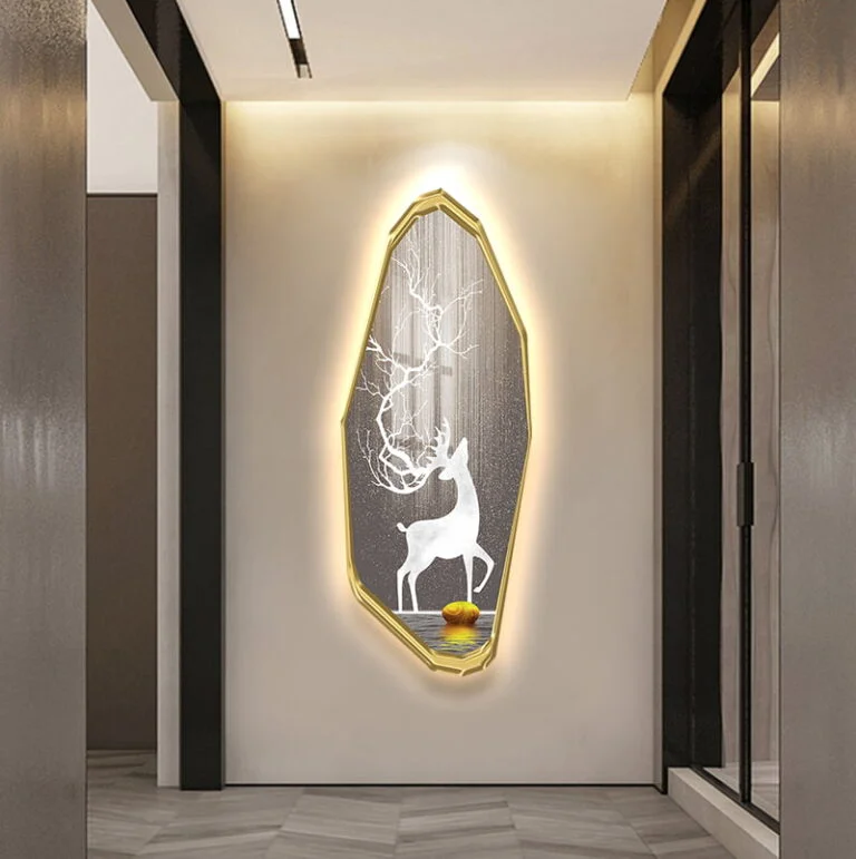 Illuminated wall art with deer silhouette in modern hallway decor.
