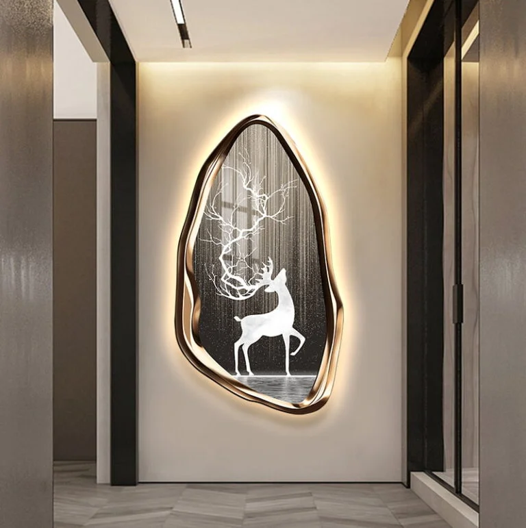 Modern illuminated wall art with deer design in a luxury hallway.