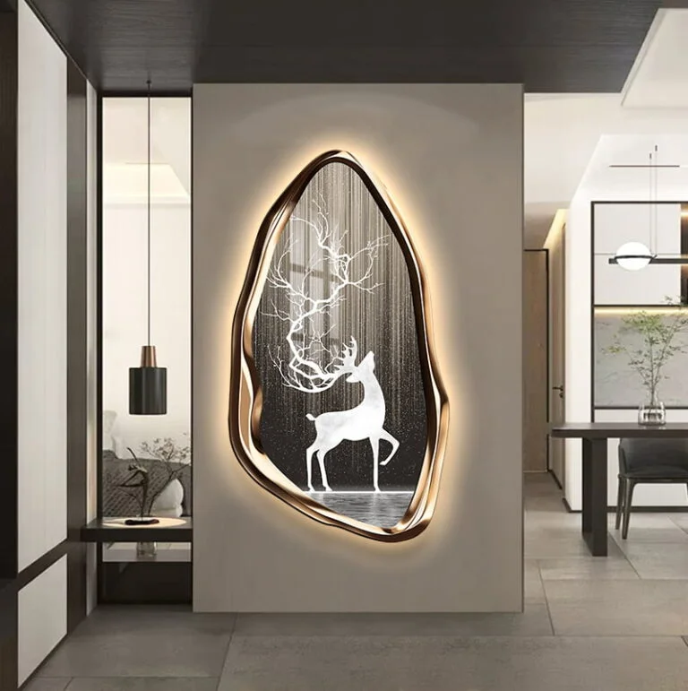 Modern illuminated wall art with deer design in luxury home setting.