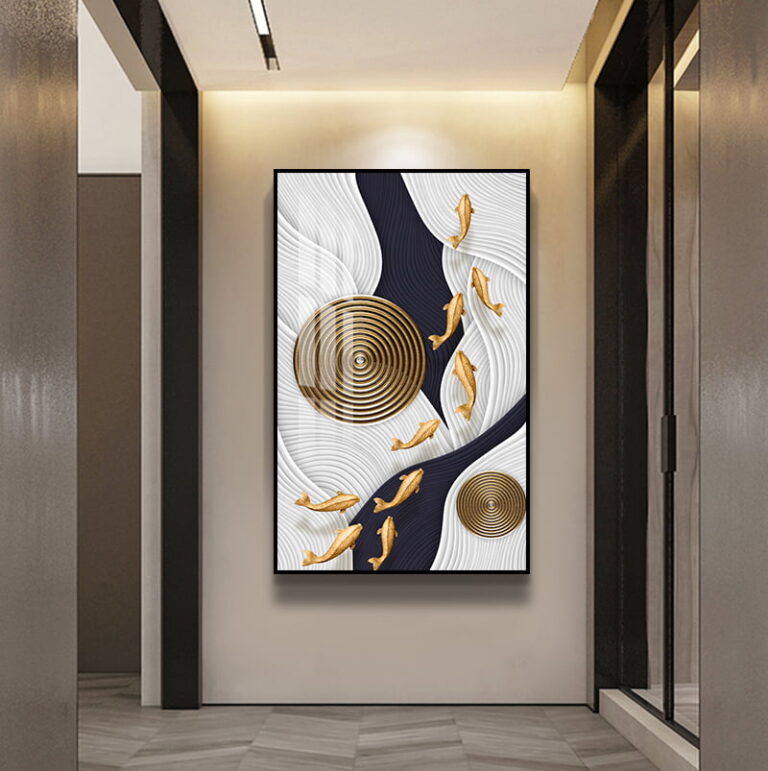 Modern luxury wall art with gold fish and abstract design in a hallway setting.
