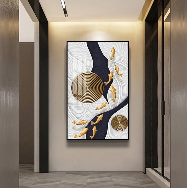 Modern luxury wall art with gold fish and abstract design in a hallway setting.