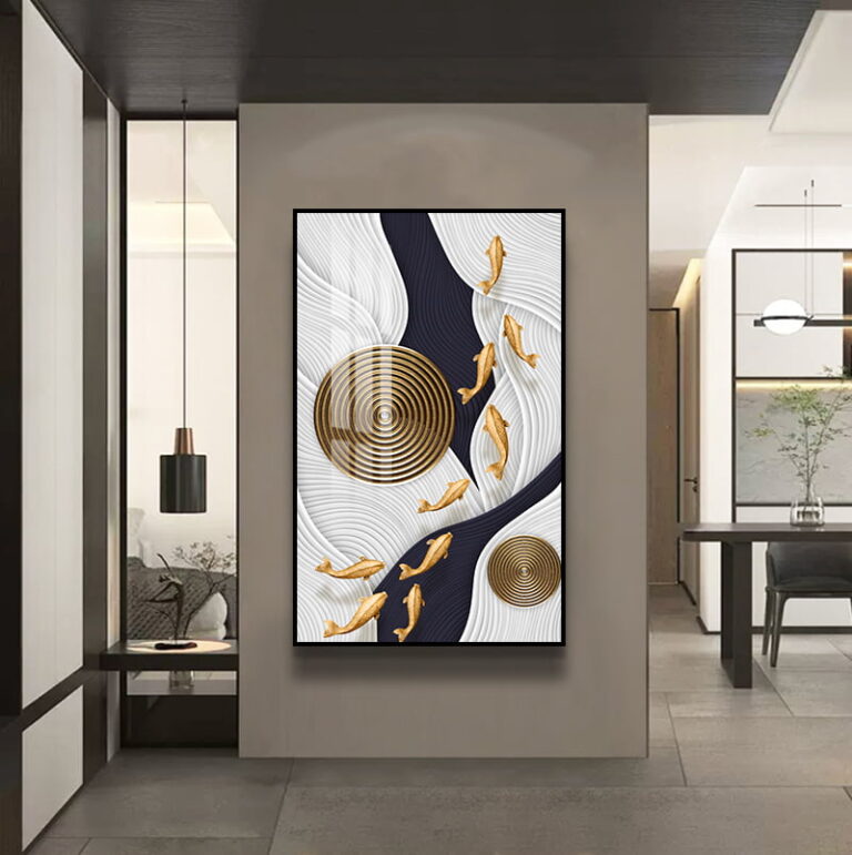 Modern luxury wall art with gold fish and abstract design in a contemporary living room.
