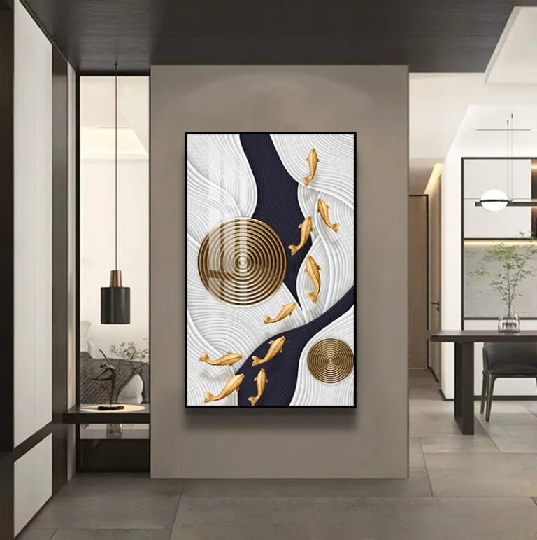 Modern luxury wall art with gold fish and abstract design in a contemporary living room.