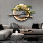 Modern illuminated wall art with nature scene in luxury living room decor.