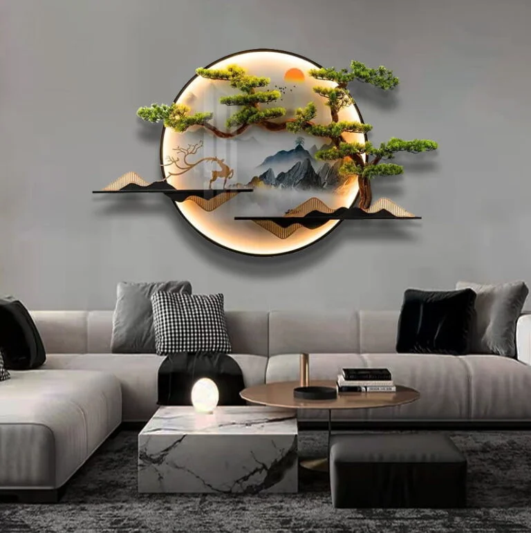 Modern illuminated wall art with nature scene in luxury living room decor.