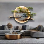 Modern illuminated wall art with nature scene above a luxury living room sofa.