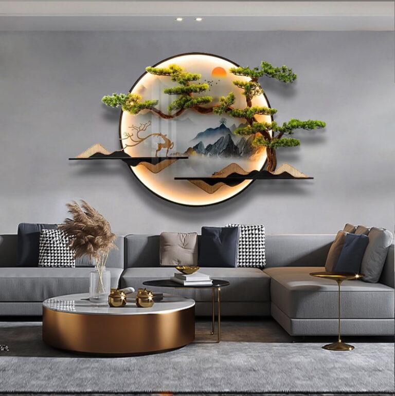 Modern illuminated wall art with nature scene above a luxury living room sofa.