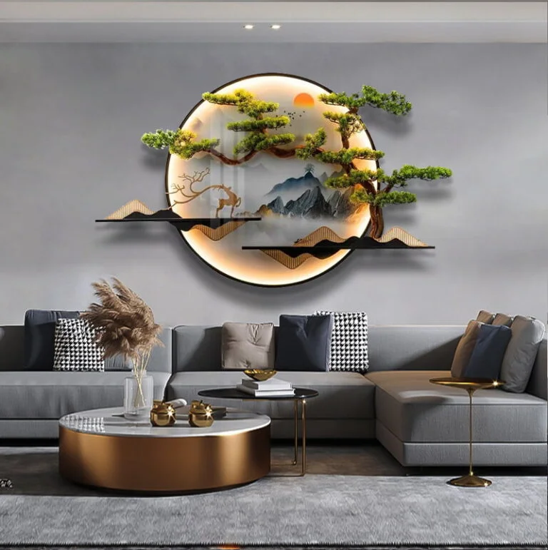 Modern illuminated wall art with nature scene above a luxury living room sofa.
