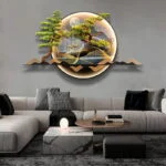 Modern illuminated wall art with trees and landscape in a luxury living room setting.