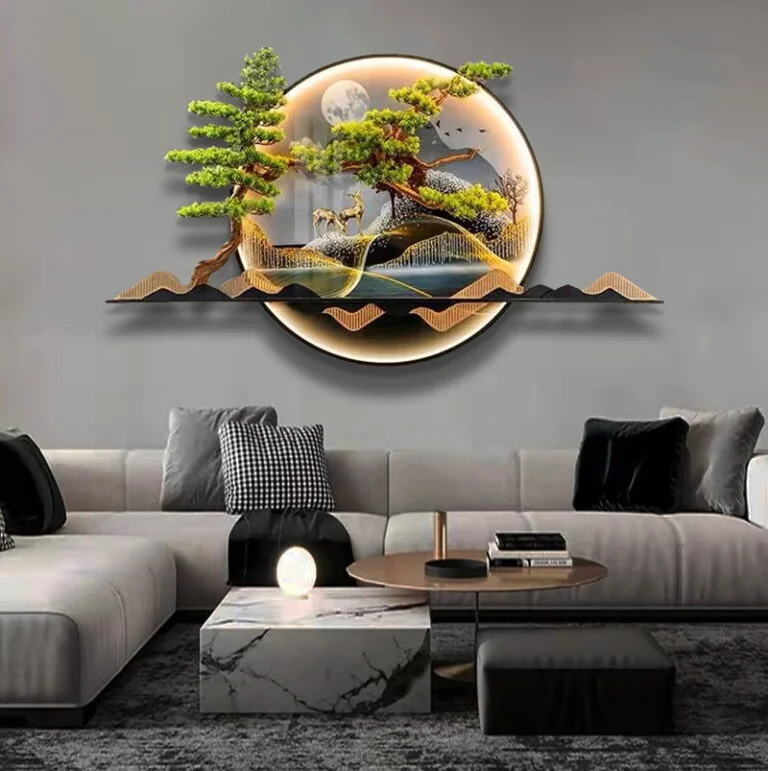 Modern illuminated wall art with trees and landscape in a luxury living room setting.