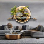 Modern illuminated wall art with nature scene in luxury living room decor.