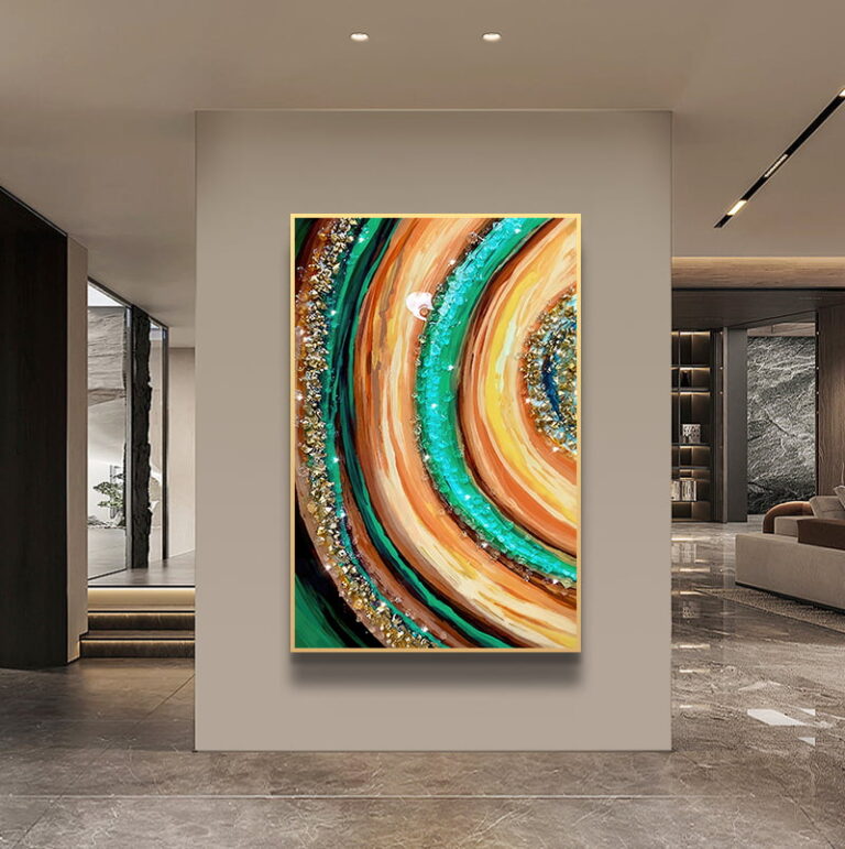 Modern luxury wall art with vibrant abstract design in a sleek interior setting.