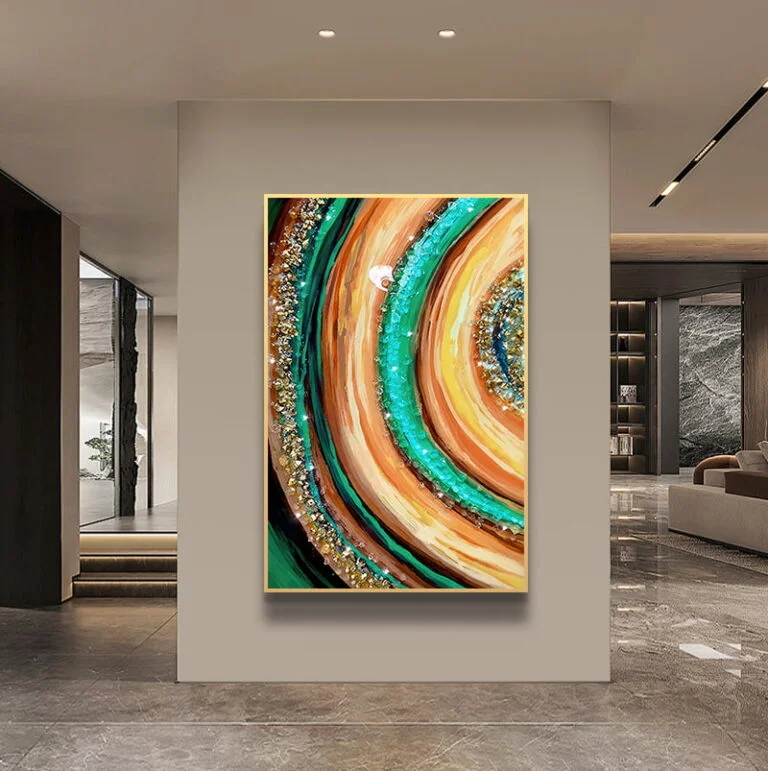 Modern luxury wall art with vibrant abstract design in a sleek interior setting.