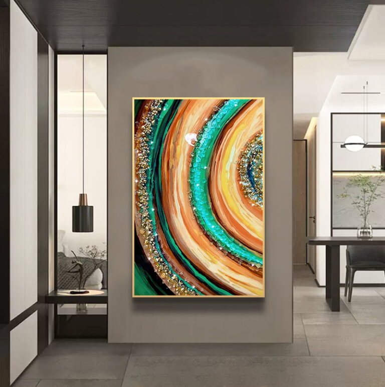 Modern abstract wall art with vibrant colors in a luxury home setting.