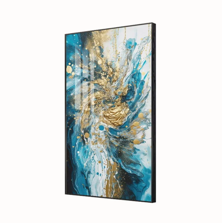 Modern abstract wall art with blue and gold swirls in a sleek black frame.