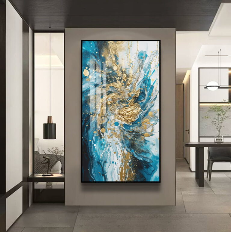 Modern luxury wall art with abstract design in blue and gold, framed and displayed in a contemporary interior.