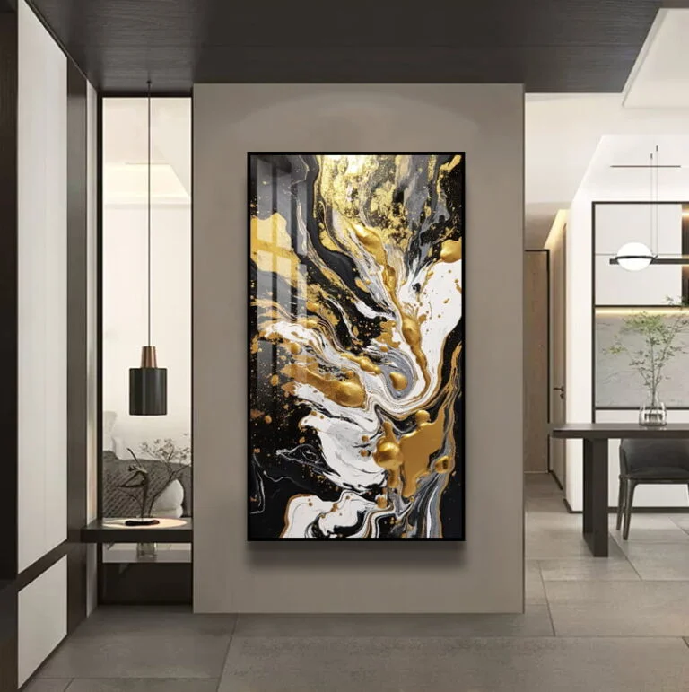 Modern luxury wall art with gold and black abstract design in a stylish interior setting.
