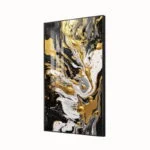 Modern abstract wall art with gold and black swirls, framed in aluminium.