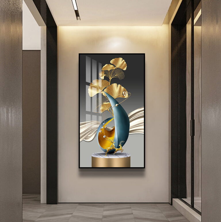 Modern luxury wall art with abstract design and gold accents in a hallway.