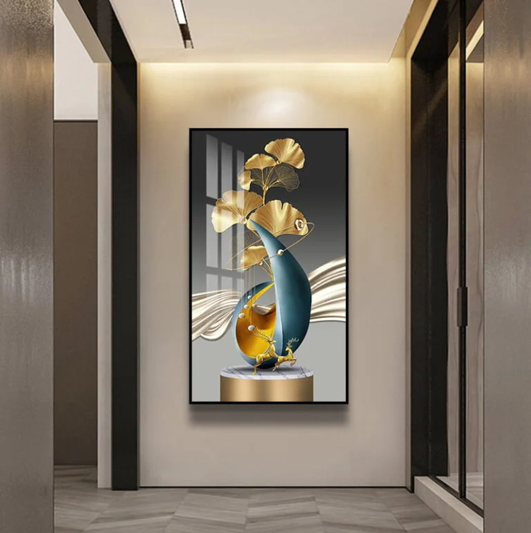 Modern luxury wall art with abstract design and gold accents in a hallway.