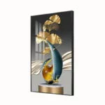 Modern luxury wall art with gold and blue abstract design in a black frame.