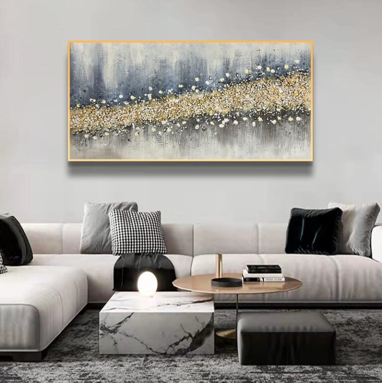 Modern luxury living room with abstract framed wall art and elegant decor.