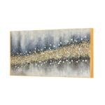 Modern abstract wall art with gold and blue tones in a wooden frame.
