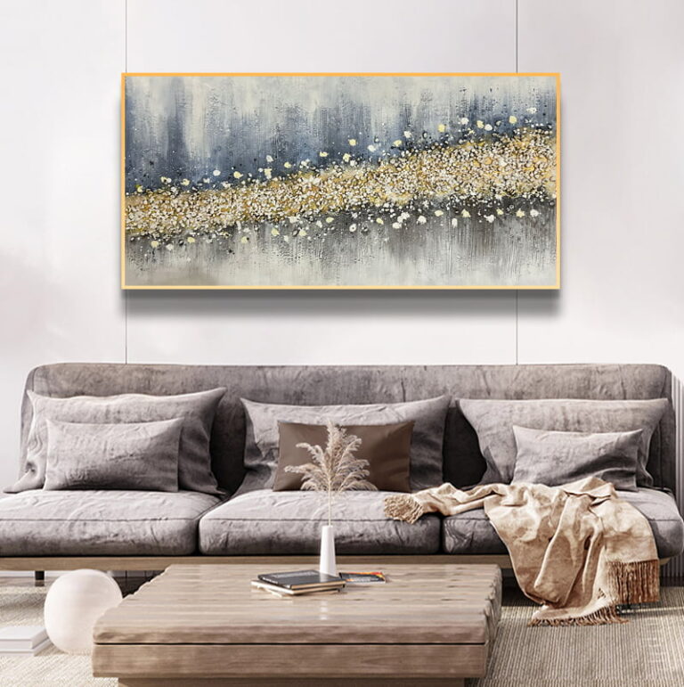 Modern living room with luxury abstract wall art above a gray sofa.