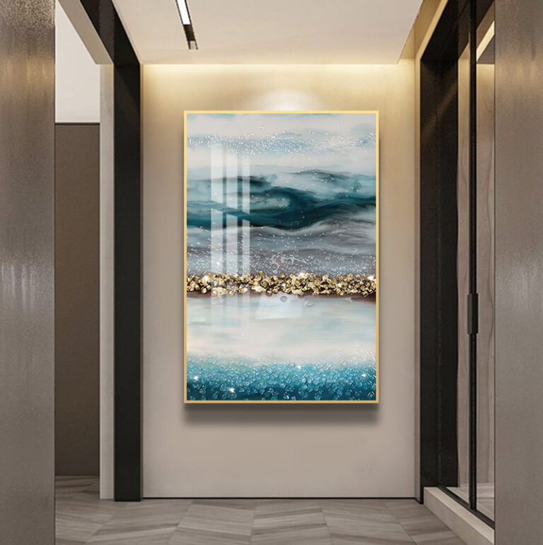 Modern luxury wall art with abstract design in a hallway setting.