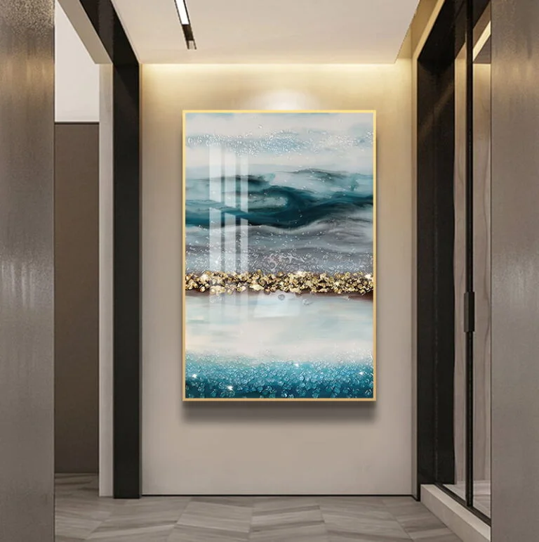 Modern luxury wall art with abstract design in a hallway setting.