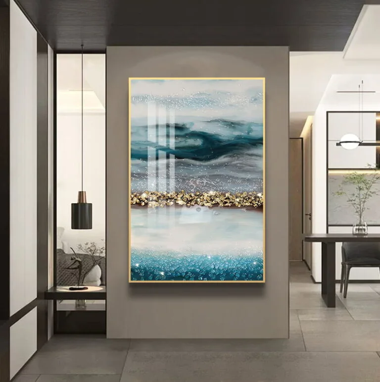 Modern luxury wall art with abstract design and gold accents in a contemporary living room.