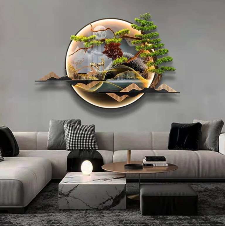 Modern illuminated wall art with nature scene and LED lighting in a luxury living room.