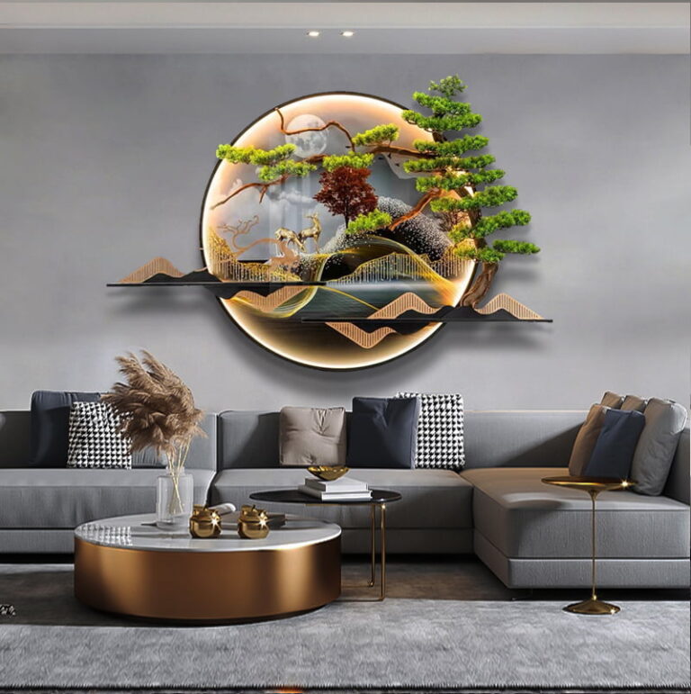 Modern illuminated wall art with nature scene in luxury living room decor.