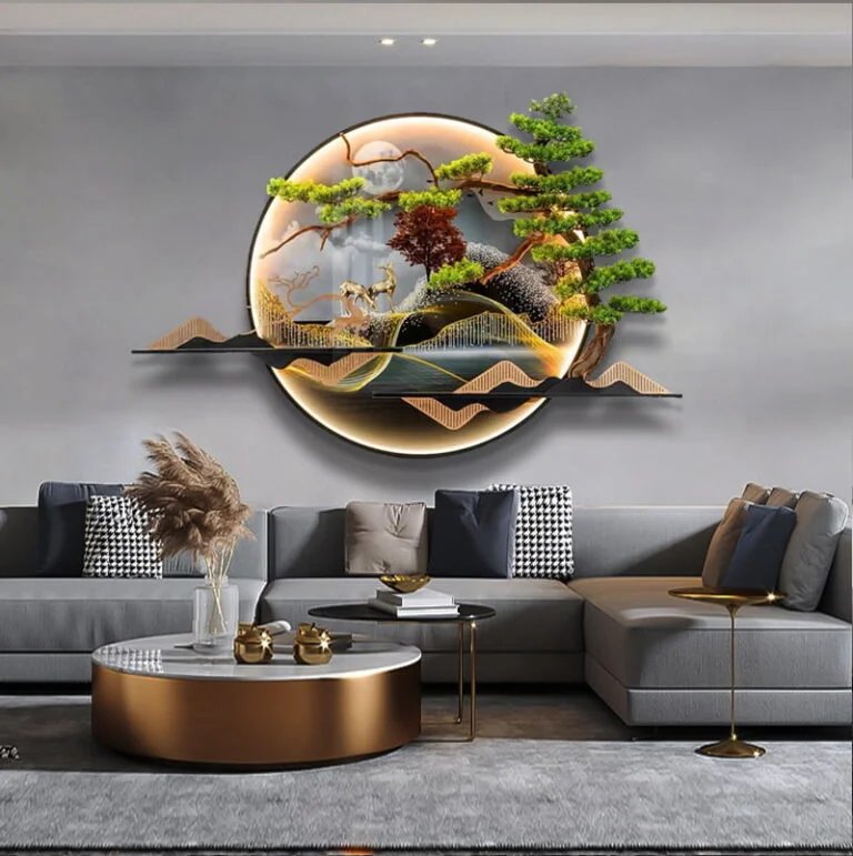 Modern illuminated wall art with nature scene in luxury living room decor.