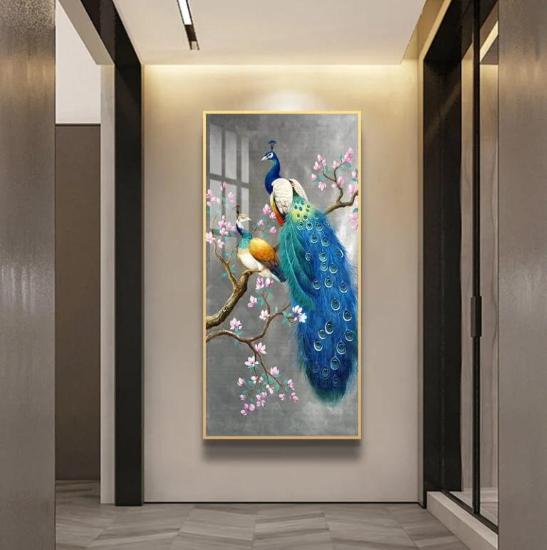 Luxury framed wall art featuring a peacock on a branch with blossoms, perfect for modern home decor.