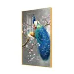 Framed wall art featuring a vibrant peacock on a branch with pink blossoms, modern home decor.