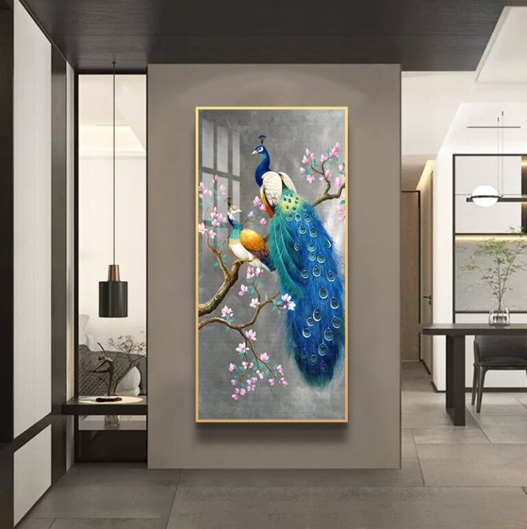 Luxury framed wall art featuring a peacock on a branch, ideal for modern home decor.