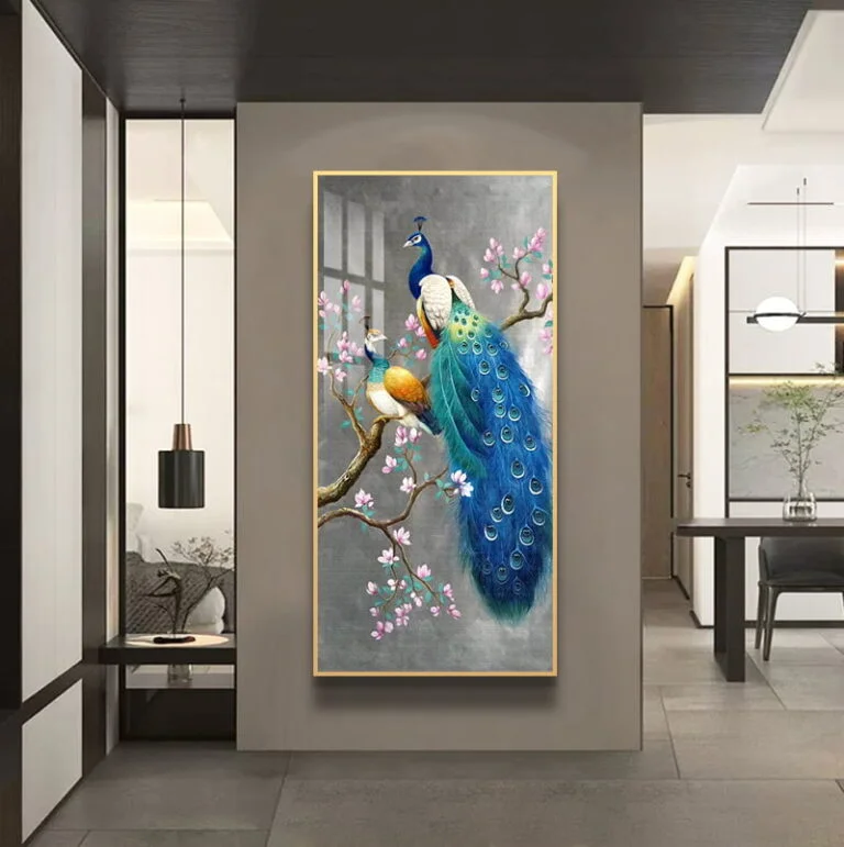 Luxury framed wall art featuring a peacock on a branch, ideal for modern home decor.
