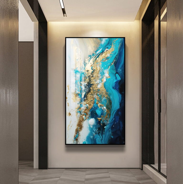 Modern abstract wall art with blue and gold tones in a hallway.